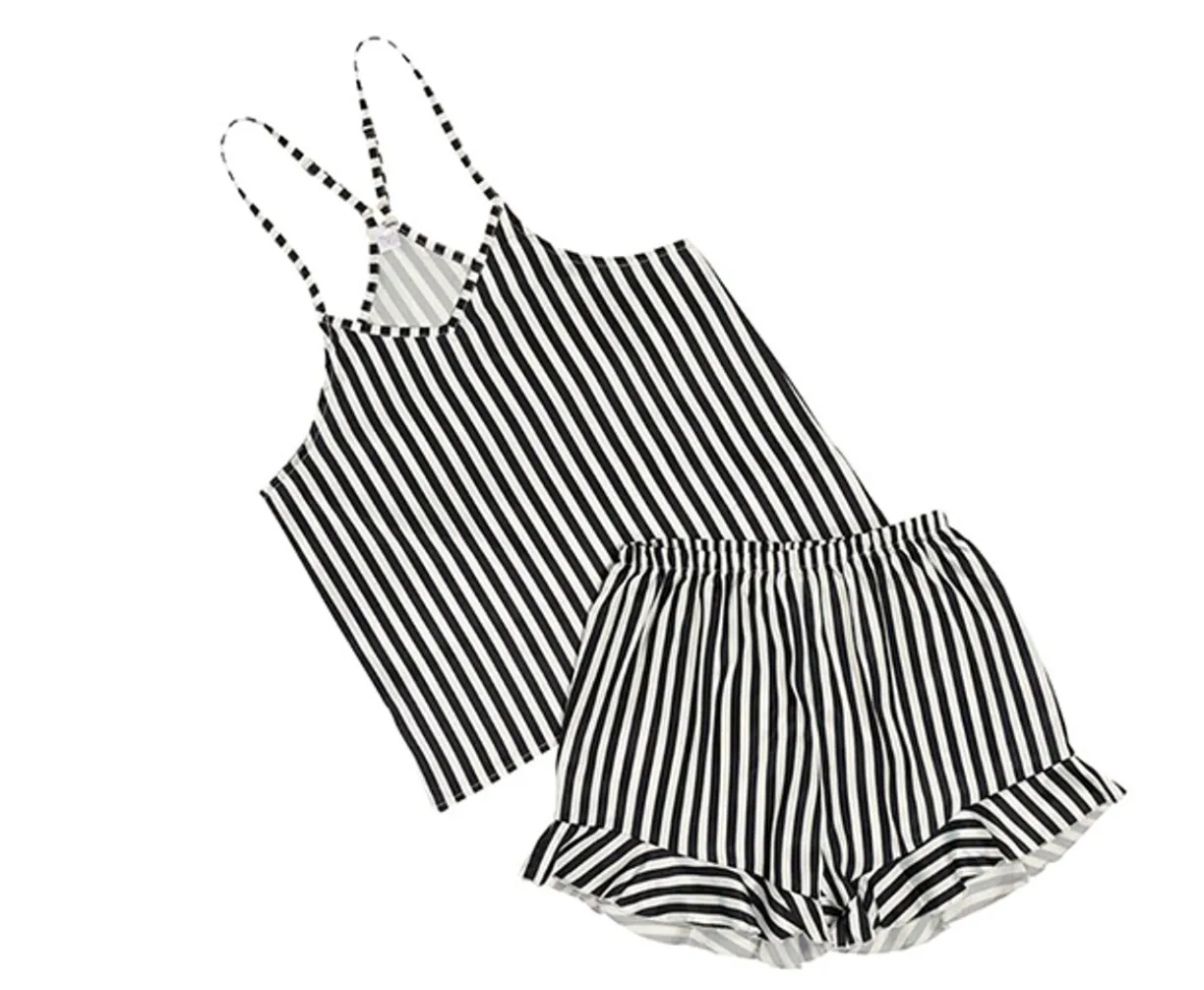 Striped Cami   Ruffled Shorts PJ Sets