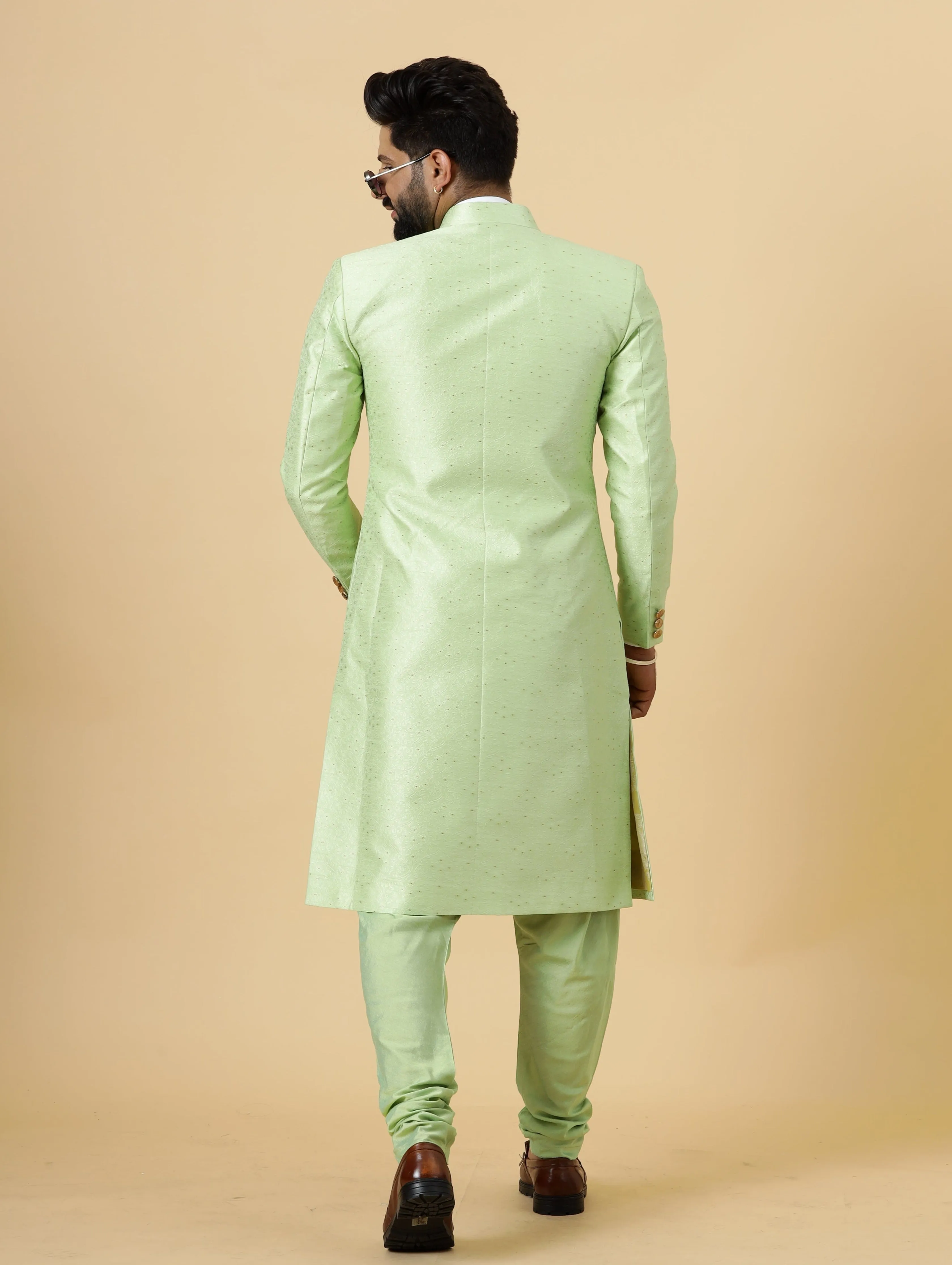 Stunning Pistachio Green Banarasi Brocade Achkan for Men | Father Son Combo | Perfect for Grooms