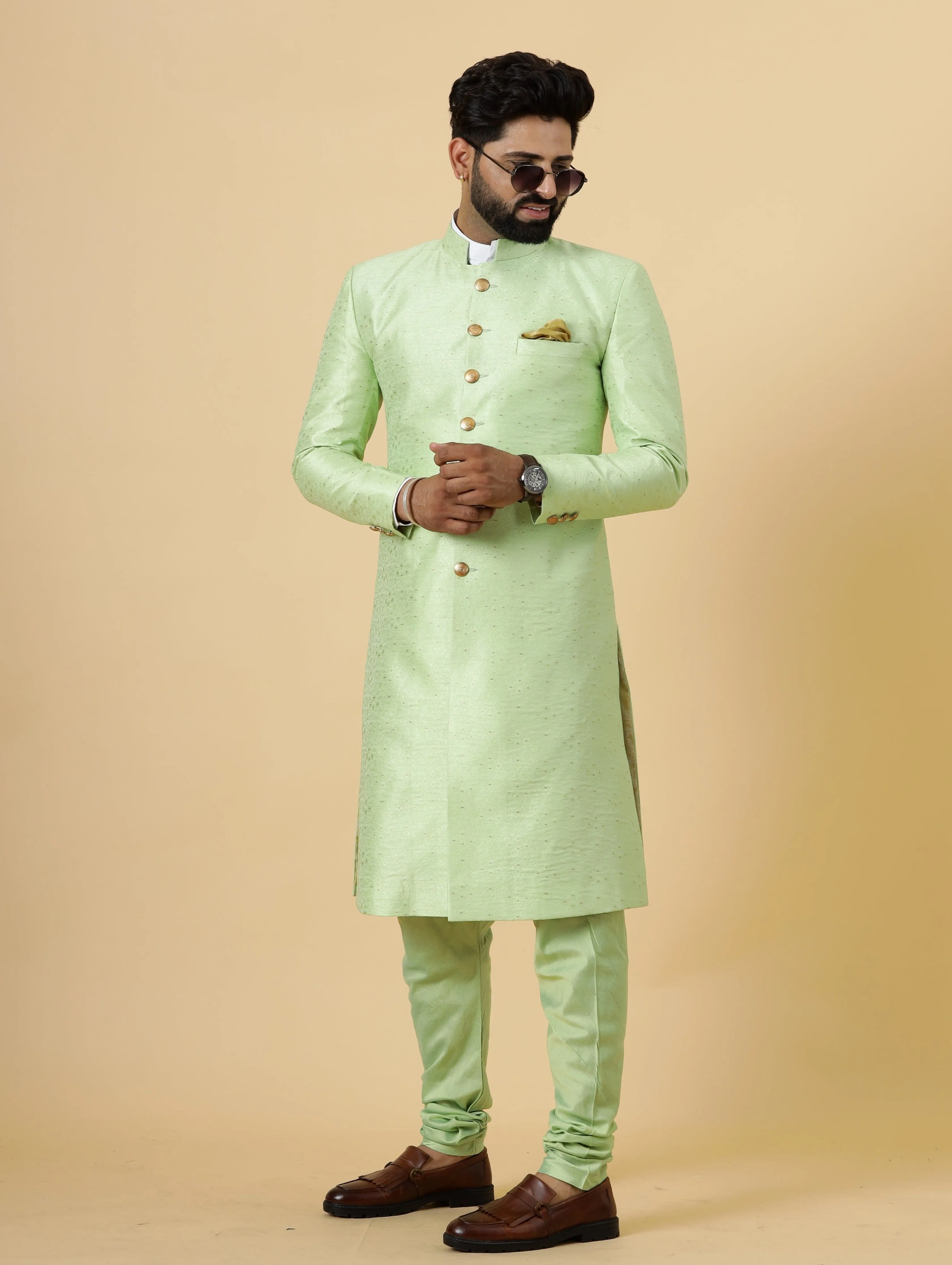 Stunning Pistachio Green Banarasi Brocade Achkan for Men | Father Son Combo | Perfect for Grooms