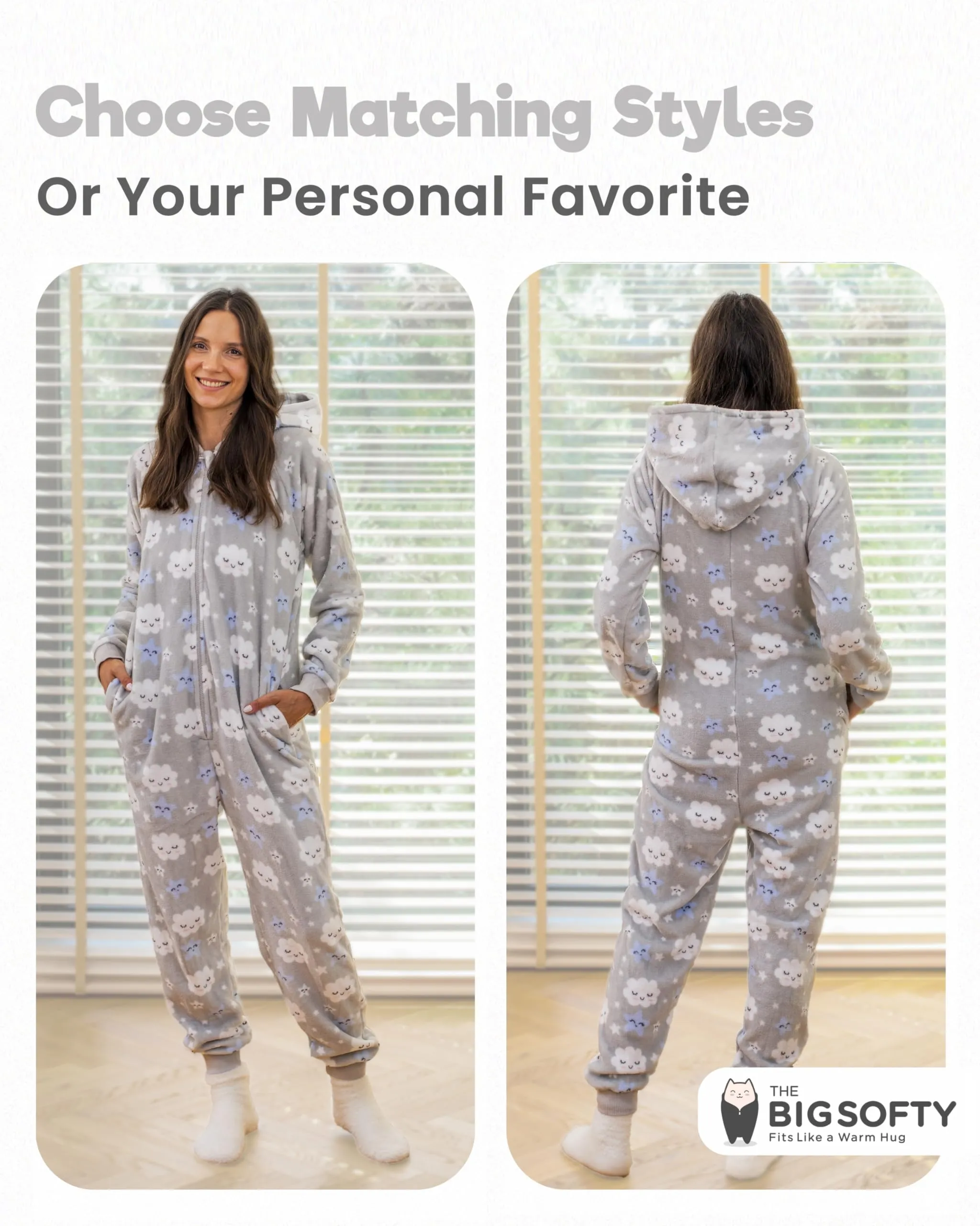 The Big Softy Adult Onesie Pajamas for Women Teen Pjs Grey Clouds Adult Small