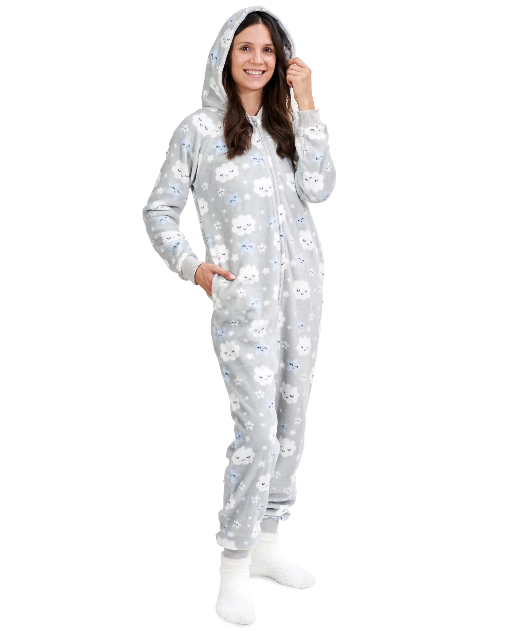 The Big Softy Womens Matching Onesies Graphic Print Soft Fleece Pjs Grey Clouds