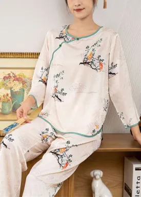 Vintage Beige O-Neck Oriental Print Ice Silk Pajamas Two Pieces Set Spring