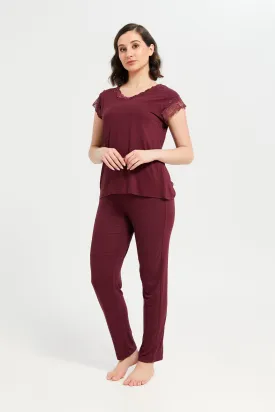 Women Burgundy  Embellished Short sleeve Pyjama Set (2 Piece)