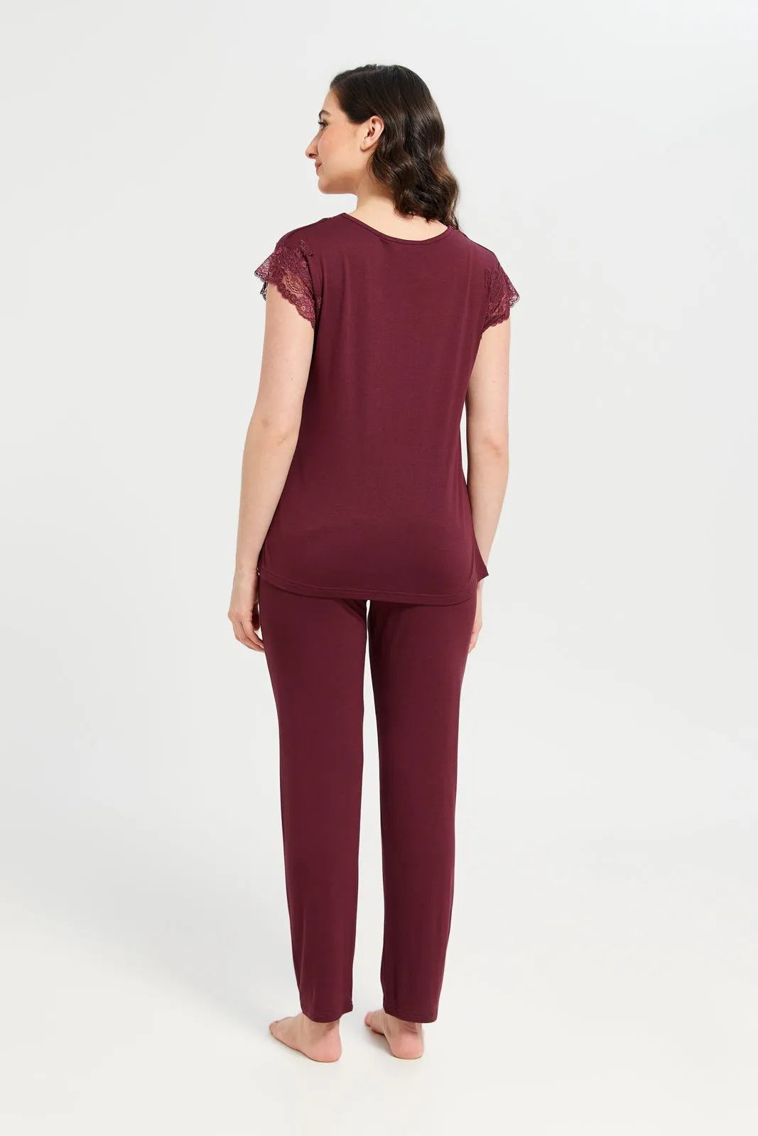 Women Burgundy  Embellished Short sleeve Pyjama Set (2 Piece)