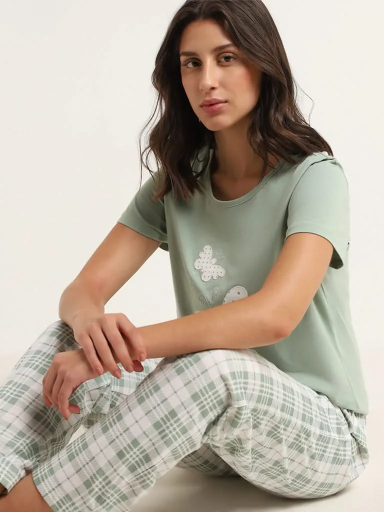 Wunderlove Green Printed Cotton Pyjamas Set In A Bag