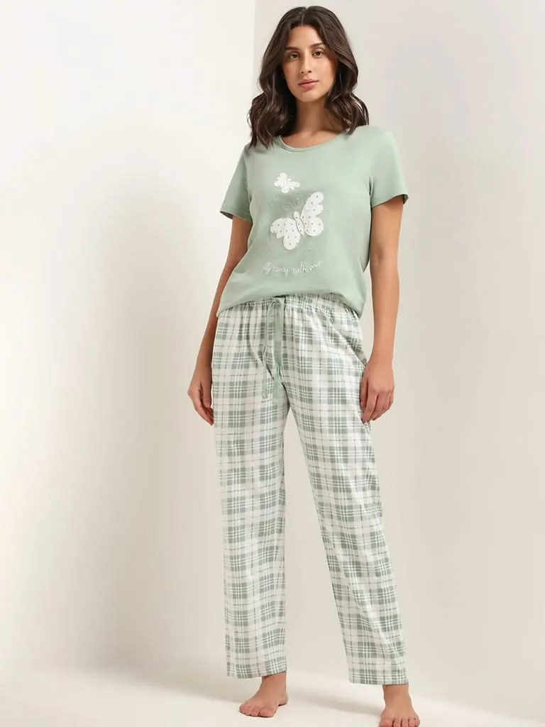 Wunderlove Green Printed Cotton Pyjamas Set In A Bag